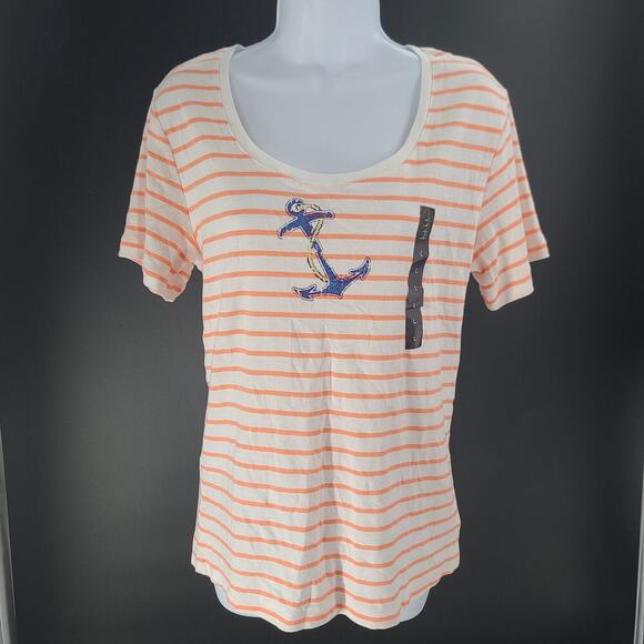 Nicole Miller women's nautical t-shirt white striped NWT Size Large Cruise - Picture 2 of 7